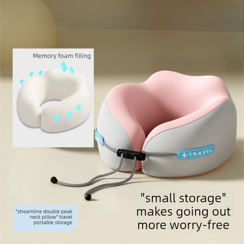 Memory Foam Travel Neck Pillow, U-Shaped Pillow with Ice Silk Cover, Adjustable Lock, and Storage Case for Airplane, Car, Office - Pink