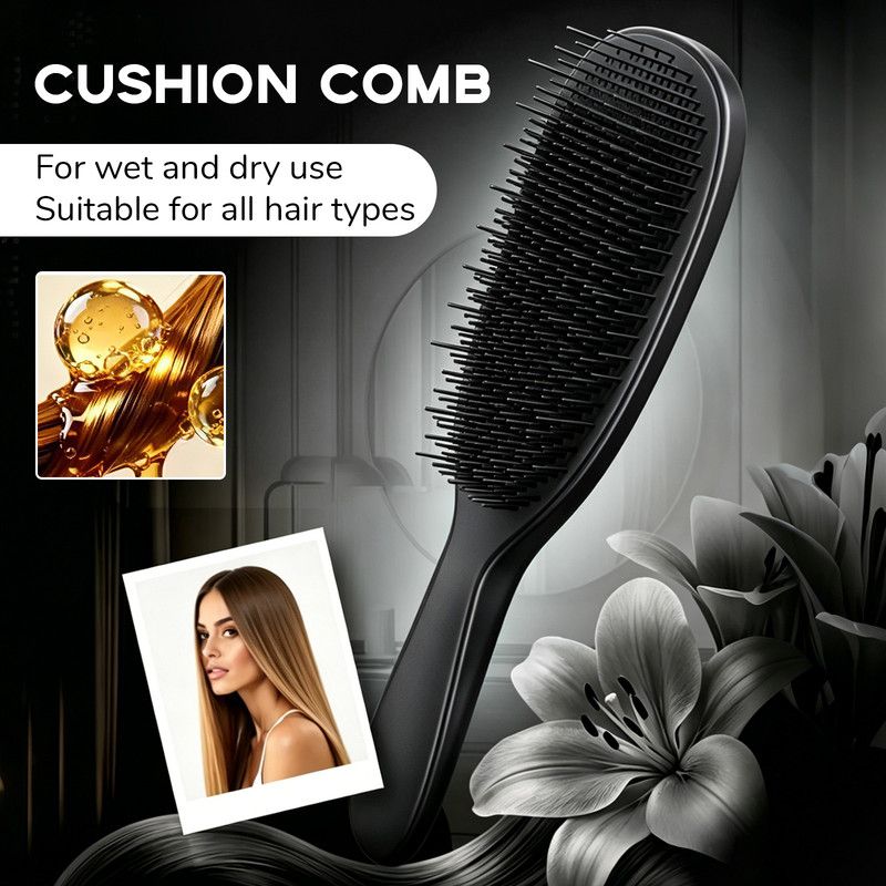 Detachable Silicone Cushion Massage Comb, Wet/Dry Use, Unisex, Suitable for All Hair Types, Volumizing and Smoothing Comb, 7 Colors Available - Black