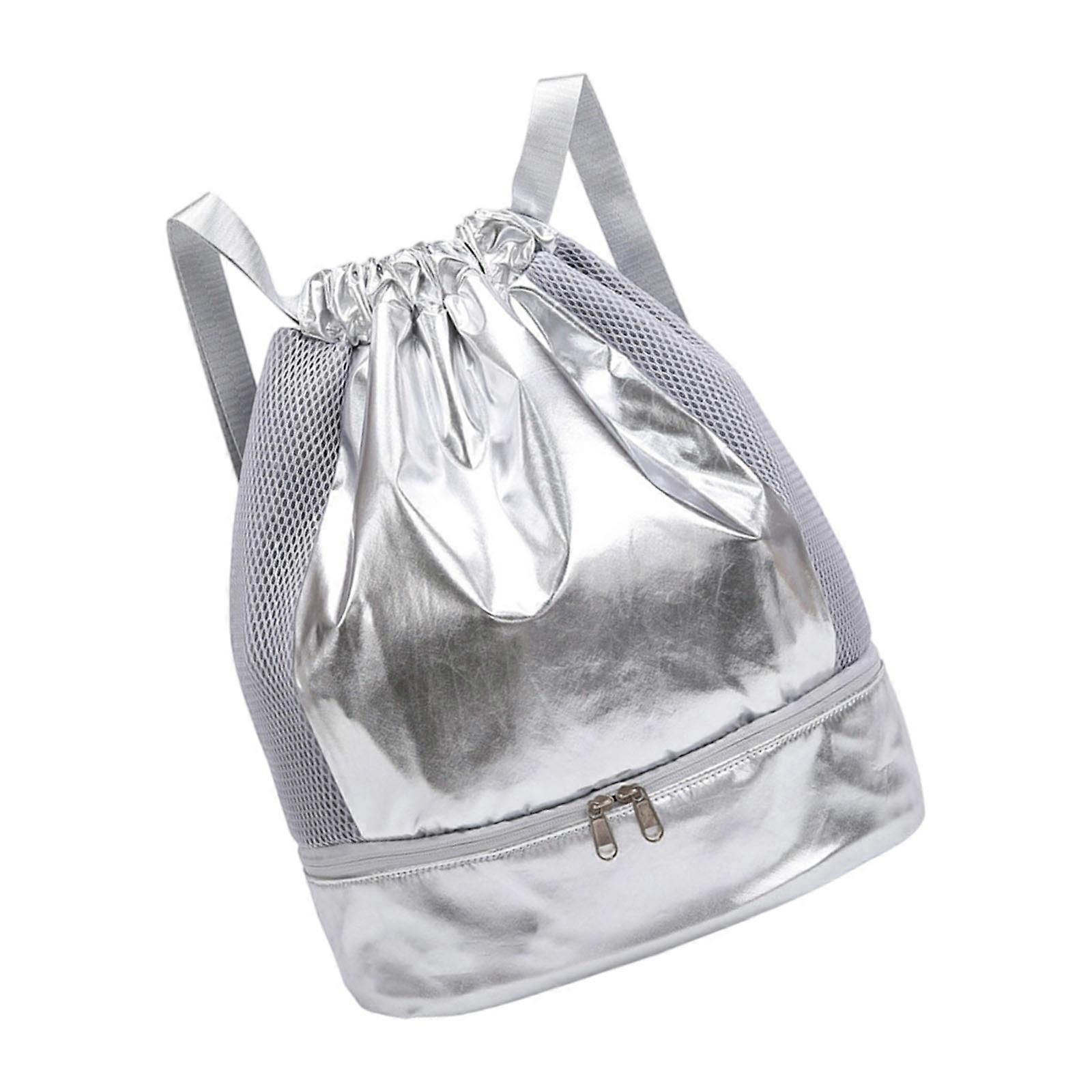 Drawstring Swim Bag Oxford Sports Backpack with Shoe Compartment - Silver
