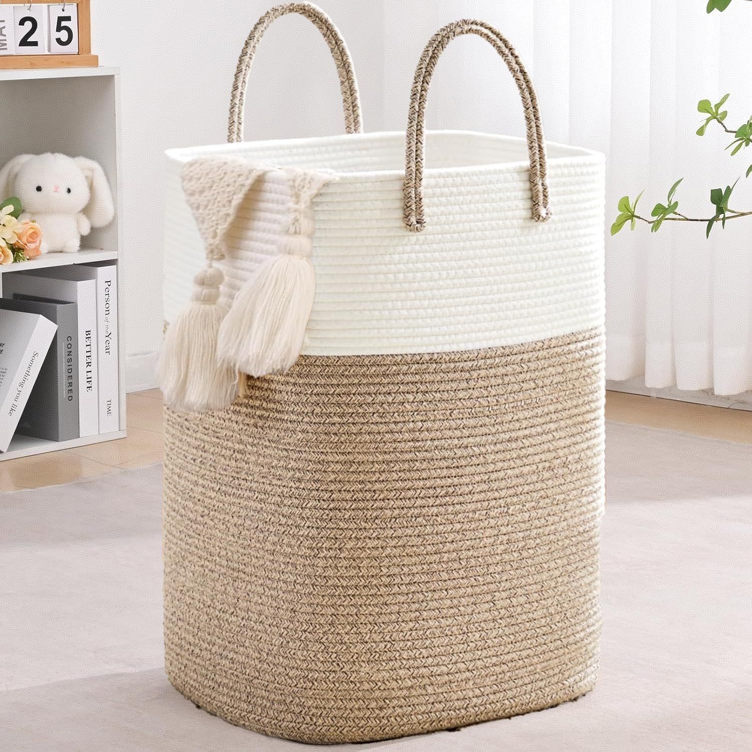 60L Cotton Rope Laundry Hamper Tall Woven Laundry Basket with Handles, Collapsible Clothes Hamper for Blankets Towels Laundry Storage Nursery Bedroom Bathroom Living Room