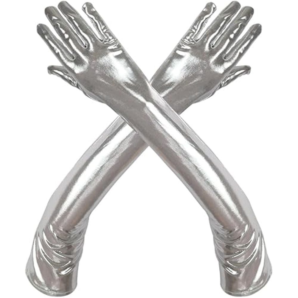 two pairs Sparkling metal long gloves role-playing party gloves costume opera gloves makeup performance props（silvery）