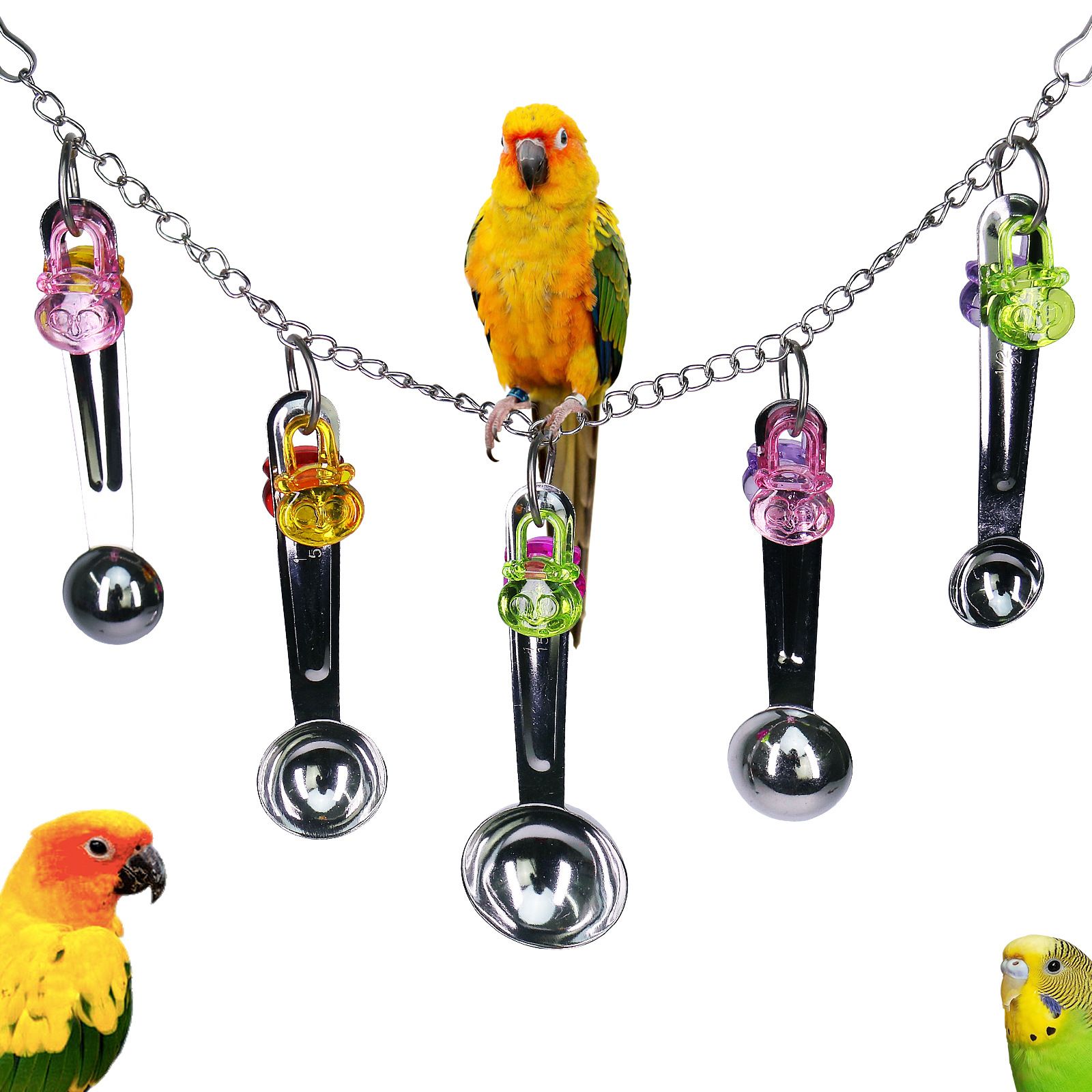 Bird stainless steel toy, safe and stable spoon chewing toy parrot, long tailed parrot, parrot, parrot colored pendant toy,