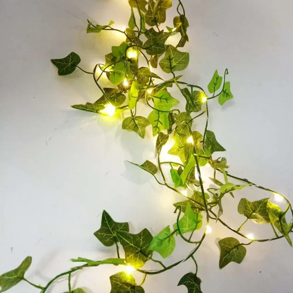5M 50LED Green Leaf String Lights Artificial Vine for Wedding Party Christmas Home Wall Decoration Christmas Wreaths