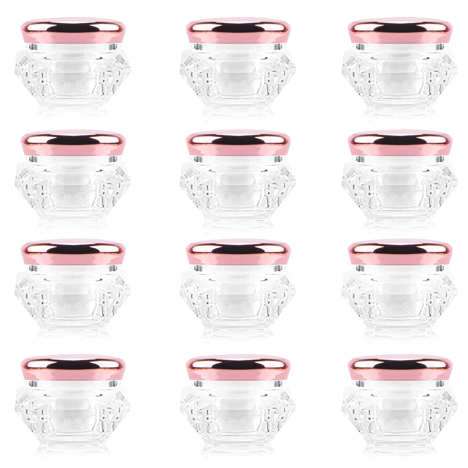 12 Pack 10g Plastic Cream Jars Cosmetic Container Refillable Sample Pot Diamond Shape Clear Makeup Vials Bottles with Pink Lids