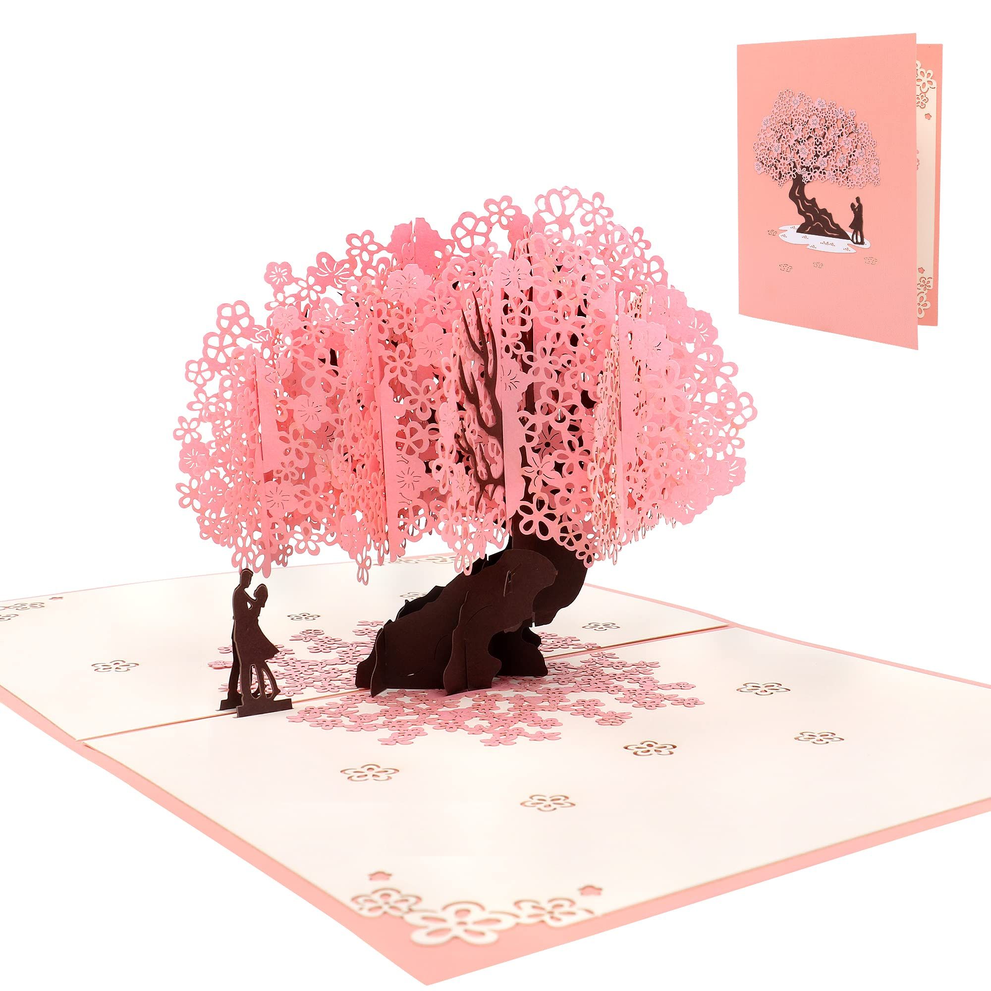 Anniversary Card with Envelope and Note Tag, Romantic Couple Peach Blossom Greeting Cards for Her Him Women Men, Wedding(Pink)