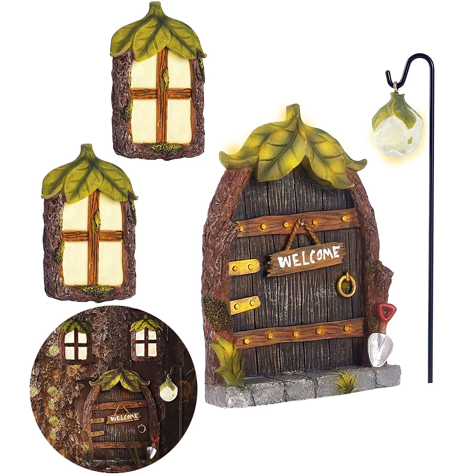 Miniature Gnome Fairy House Window and Door for Trees, Glow in The Dark Yard Art Garden Sculpture Lawn Ornament Decoration Mini