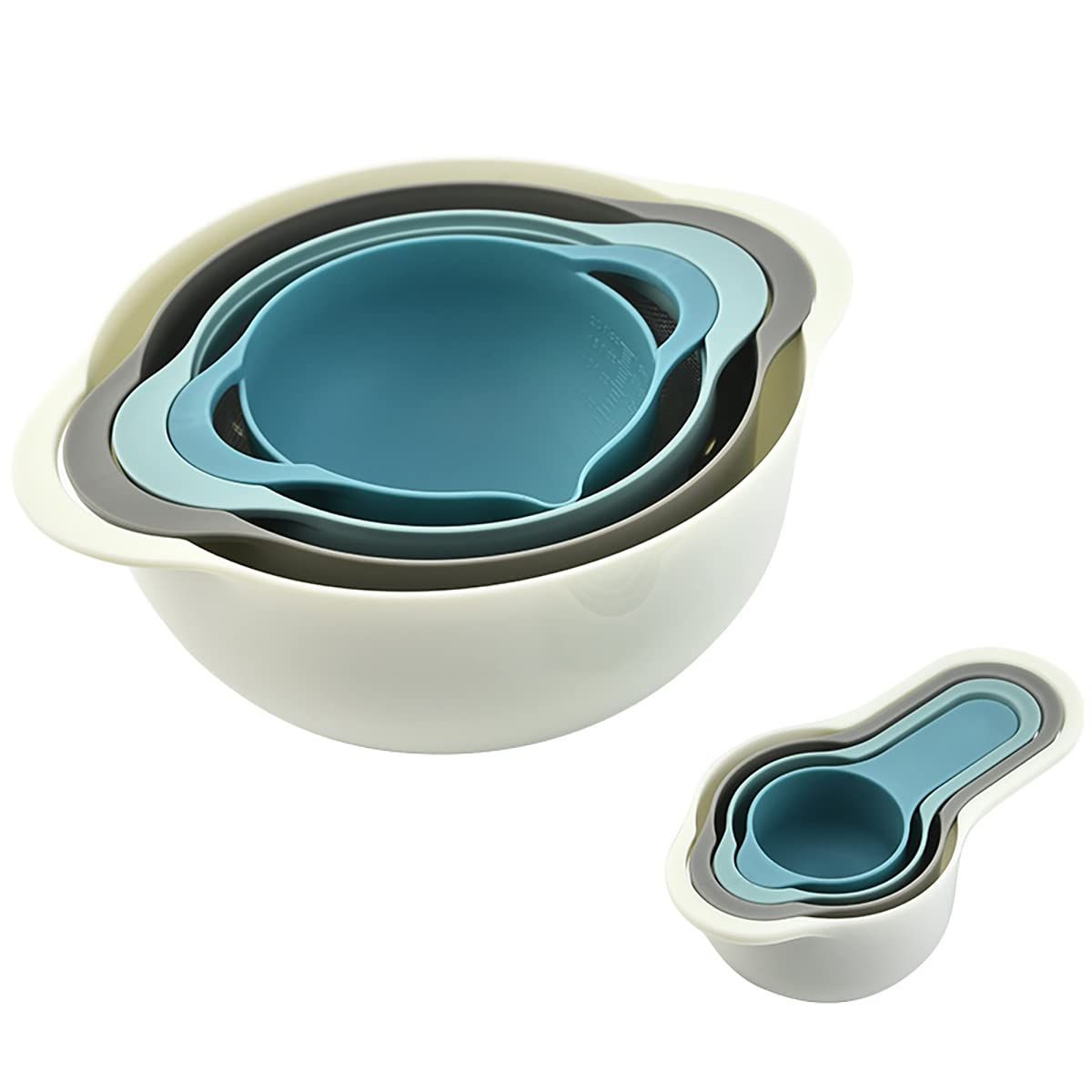Plastic Nesting Bowls Set with 2 Mixing bowls,4 Measuring Cups,Sifter for Baking,RV Camping Accessories,8 Pieces