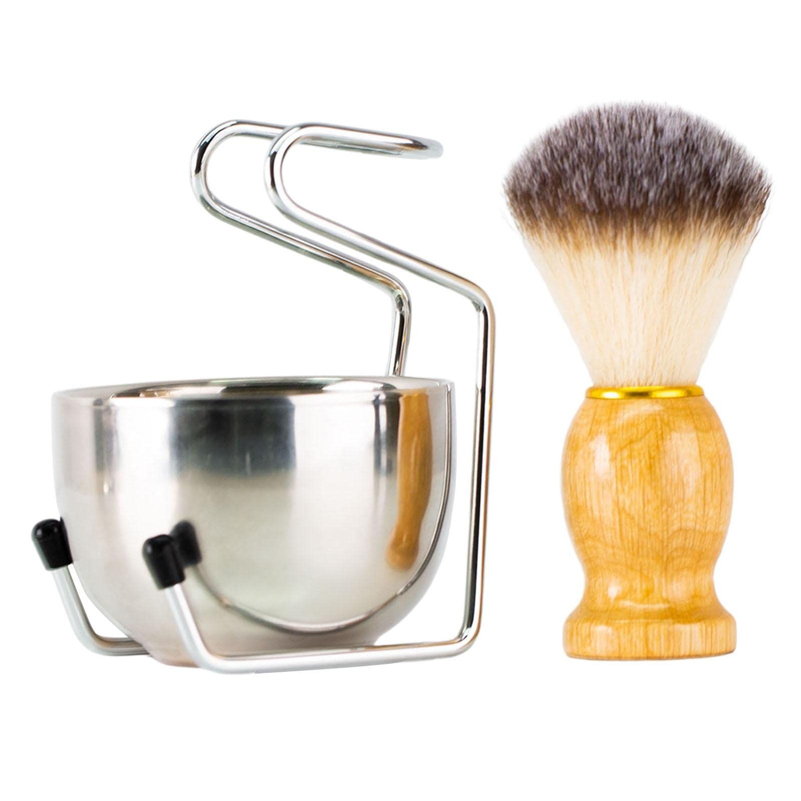 Mens Shaving Brush and Bowl Set, 3-in-1 Shaving Brush Kit Wood Handle with Stainless Steel Shaving Bowl & Brush Stand