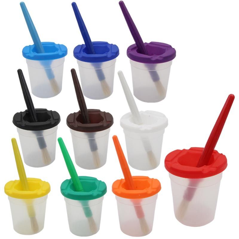 Art Supply 10 Piece Children's No Spill Paint Cups with Colored Lids and 10 Piece Large Round Brush Set with Plastic Handles