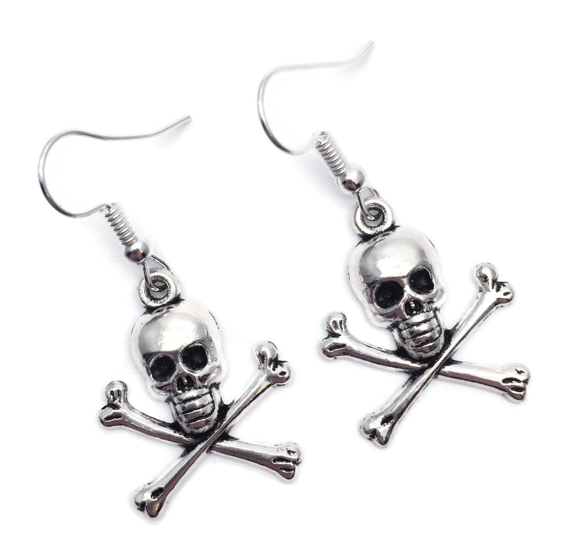 Skull and Crossbones Halloween Earrings - Tibetan Style Charms Nickel Free Silver Tone Hooks Scary and cute earrings