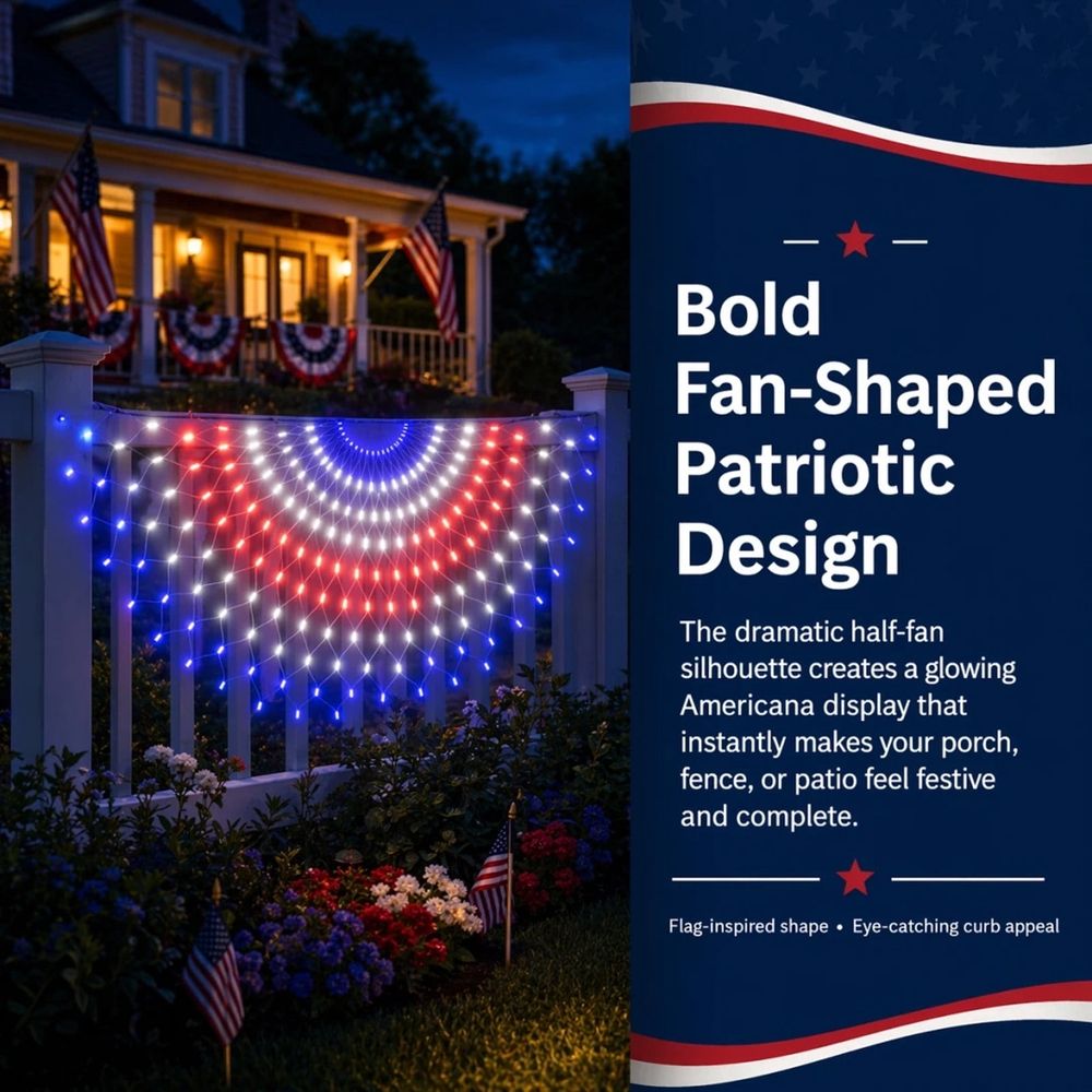 Patriotic Fan Flag Net Light LED Outdoor Decorations for Independence Day 4th of July - Festive Red White Blue Lighting Fan Shaped Decorative Net Light for Home Porch Yard Wall Window Party Decor