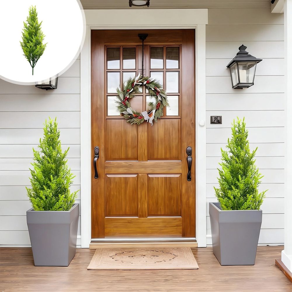 Artificial Cedar Topiary Trees for Outdoors with Ground Spike Faux Plants Shrubs Bushes for Front Porch Patio Home Decor Plastic 17.7 Inch