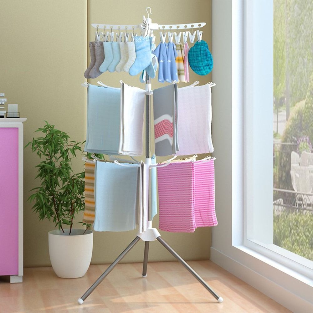 Clothes Drying Rack, Folding Clothes Drying Tree, 3 Tier Laundry Drying Rack Indoor With Rotating Clothes Rail For 27 Pieces Of Clothes, Space Saving, Stainless Steel
