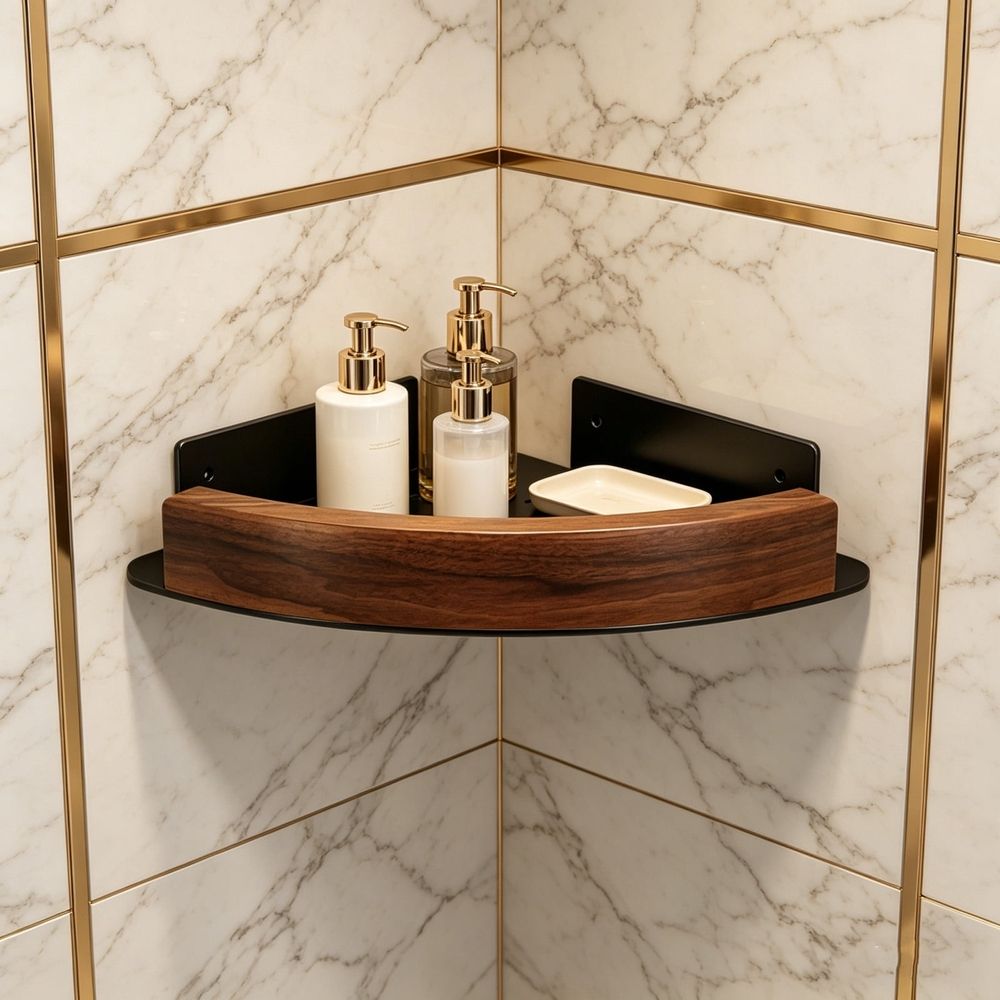 Solid Walnut Corner Shelf for Bathroom No Drilling - Triangular Shower Shelf Wall Mounted with Adhesive - Wood Storage Rack for Kitchen, Living Room or Office | Space Saving Organizer - 1 Pack