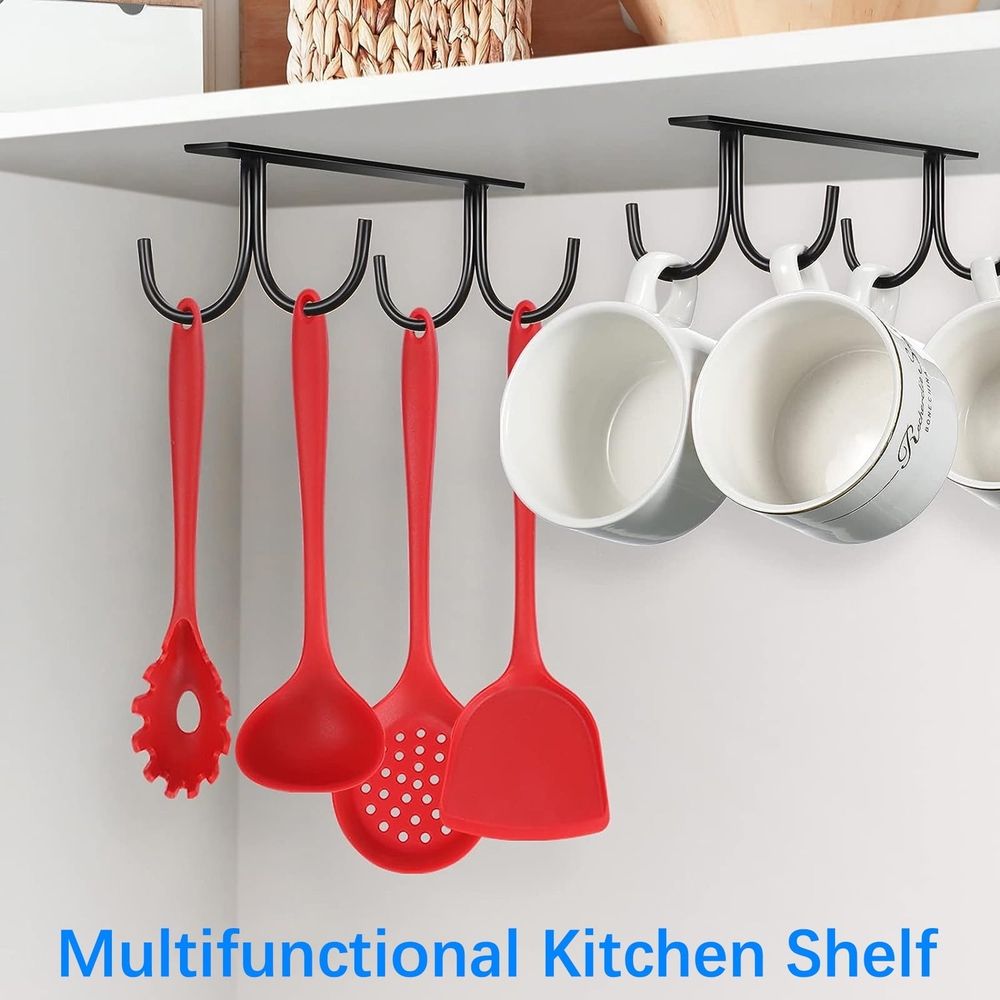 Under Cabinet Cup Holder | Coffee Cup Hanger Organizer | Hanging Cup Rack for Mugs and Wine Glasses | Storage Rack for Kitchen Cabinet Shelf | Space Saving Cup Hook Display for Cups, Rags| 4 Hooks
