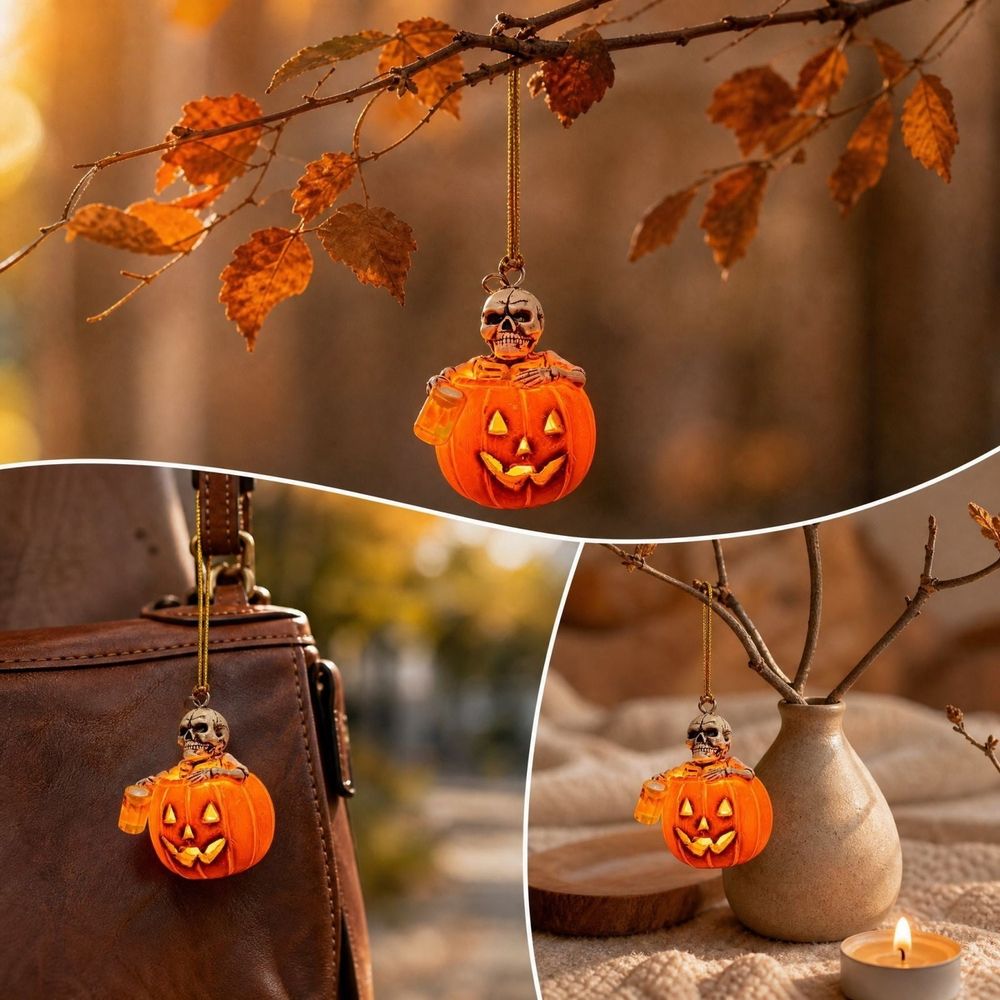 Halloween Skeleton Pumpkin Hanging Ornament Light Up Skull with Beer Cup Resin Decoration for Tree Branch Mantel Window Porch Wall Shelf Party Decor Home 2 inch