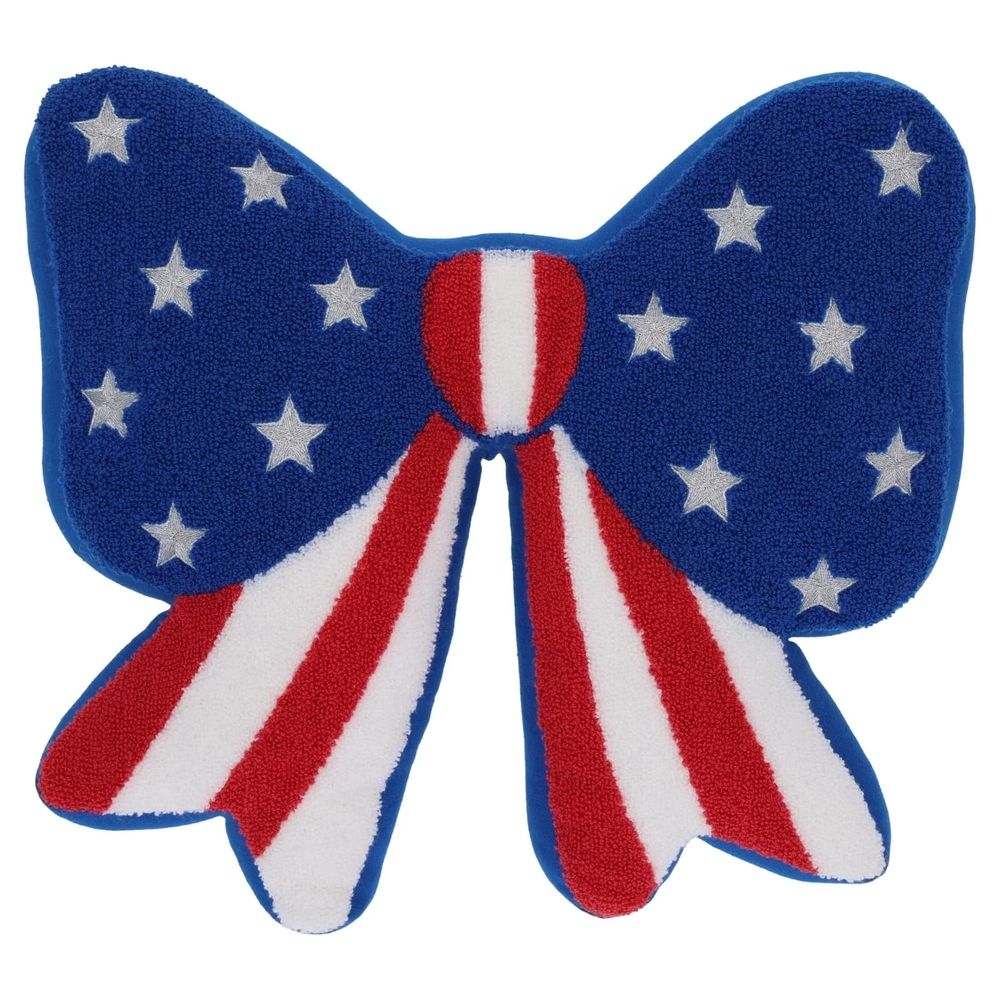 Patriotic Bow Decorative Pillow,14" x 14", Red White Blue Bow Shaped Pillow Designed with Plush, Hooked-style Texture