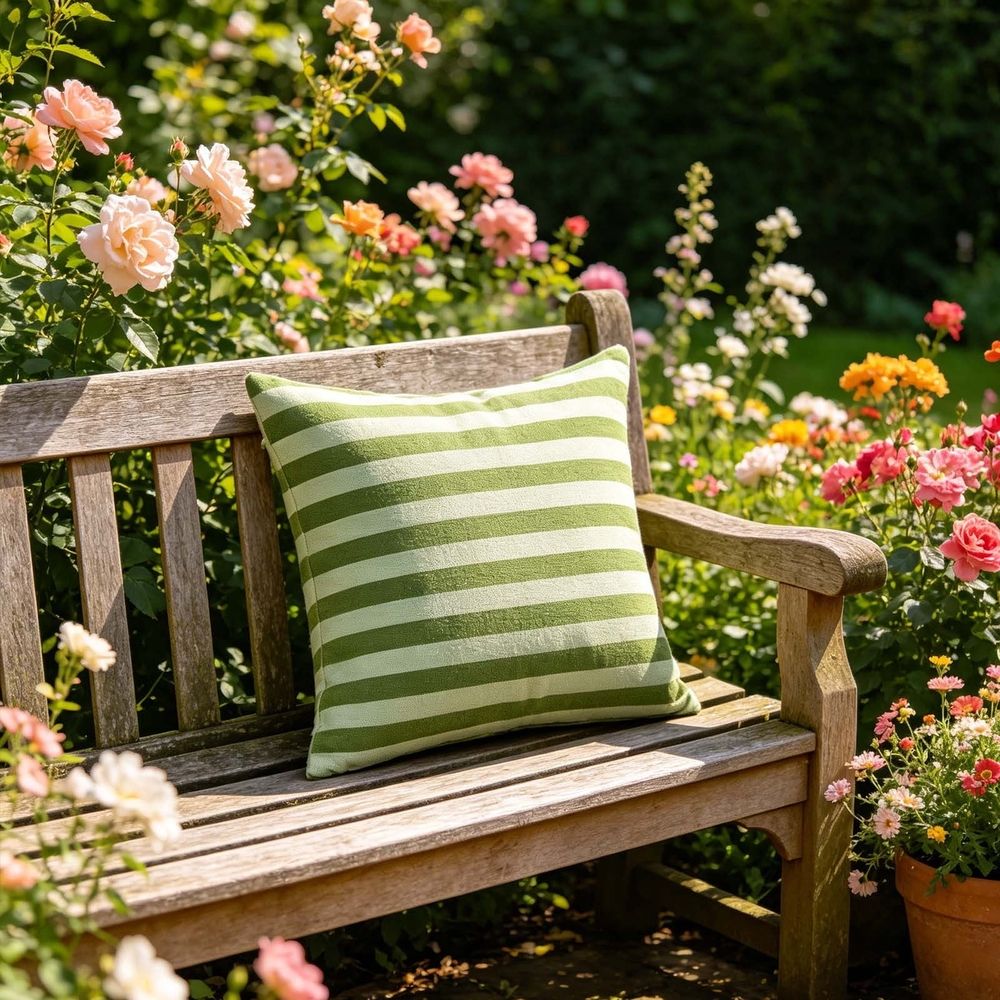 18" x 18" Square Woven Green Stripe Decorative Outdoor Pillow, Spot Clean with Water and Mild Detergent