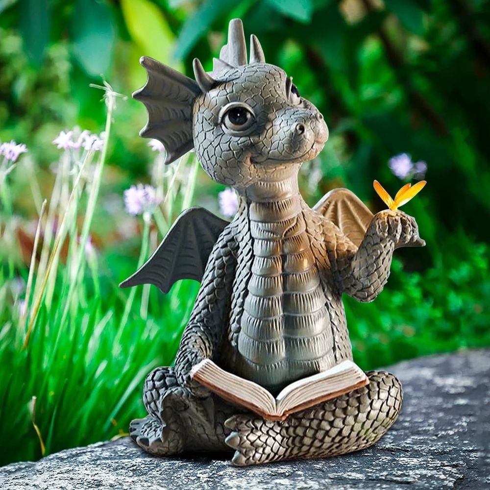 Dragon Reading Book Statue Dinosaur Holding Butterfly Figurines Art Resin Sculpture Outdoor Garden Decor Home Desk Ornament for Lawn Garden Patio Yard Home Decor