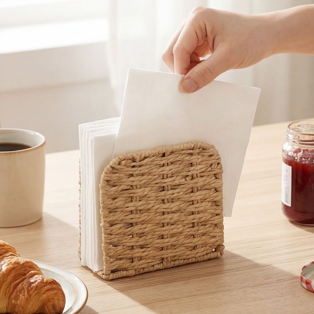 Rattan Style Napkin Holder, Handcrafted Making, Double Strand Paper Rope Weaving Craft, for Kitchen Dining Restaurant Party Decoration