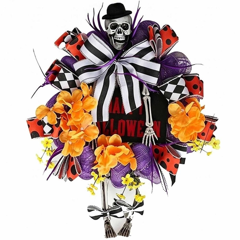 Halloween Wreaths for Front Door, Spooky Halloween Door Wreath with Spider Skeleton Black Rose Bloody Hand Design, Happy Halloween Decorations for Indoor Outdoor Home Porch Wall Decor