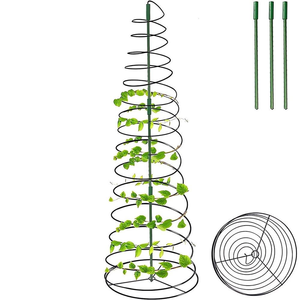 Rattan Climbing Plant Stand | 53.6" Tall Iron & Plastic Coil Ring Support | Expandable Garden Screw Stand for Vines & Flowers | Includes 3 Support Posts | Space-Saving Foldable Design