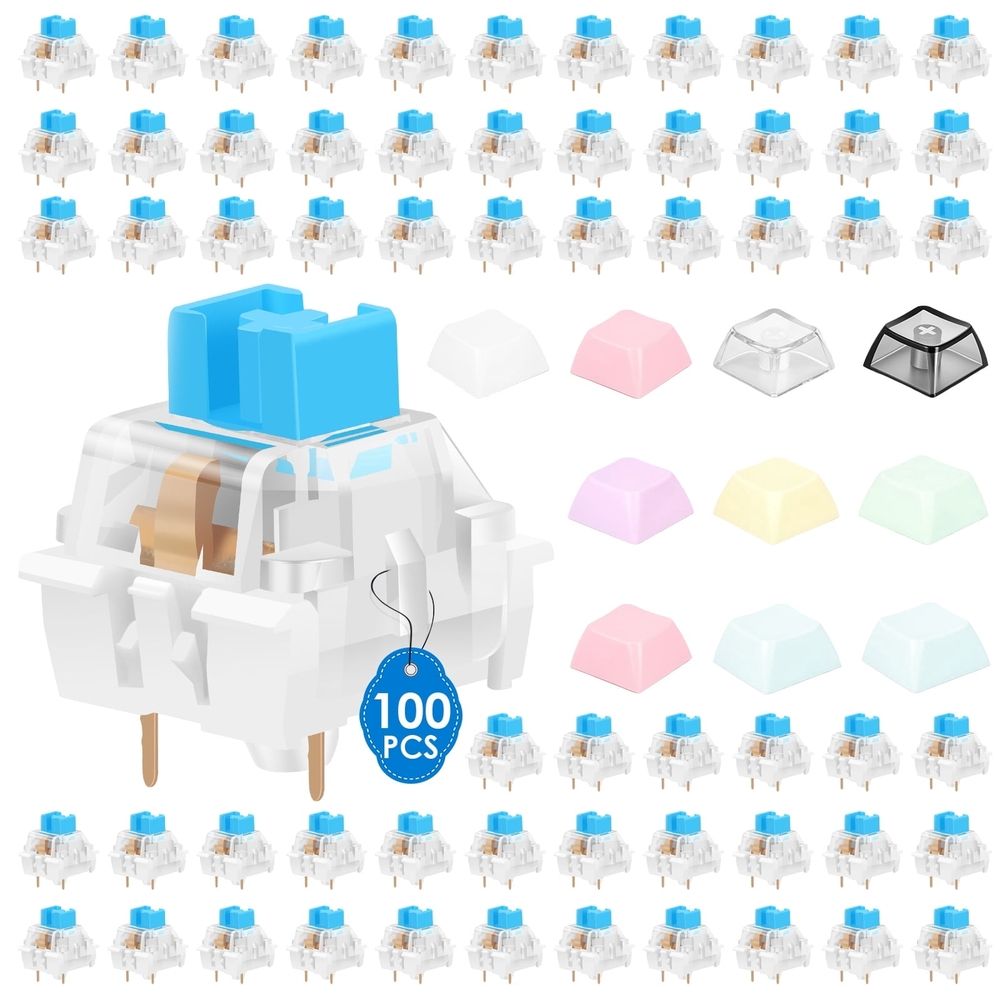 100Pcs Blue Mechanical Keyboard Switch with 10 Keycap Universal 3 Pin Design Waterproof and Dustproof Compatible with 3D Printed Clickers