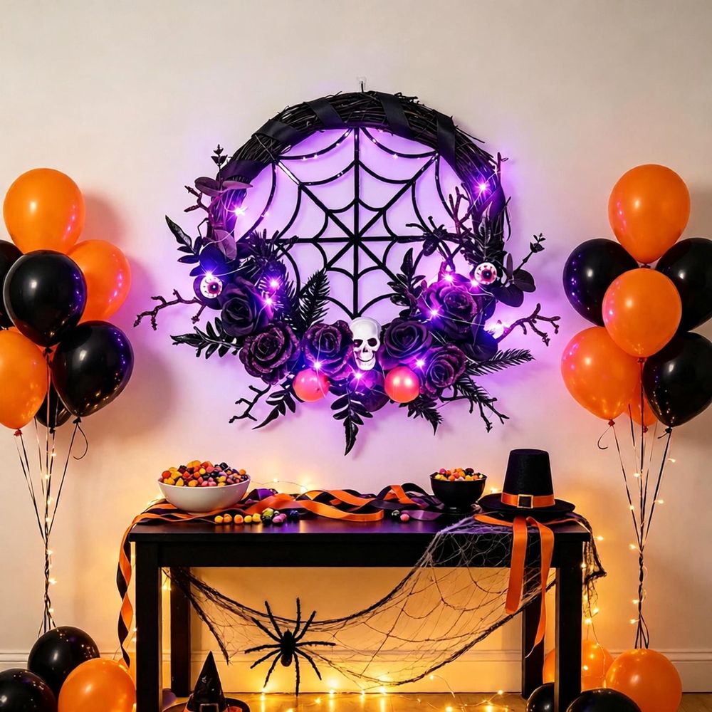 Halloween Artificial Seasonal Wreath, 45 x 45 cm with LED Lights, Indoor and Covered Outdoor Decor for Front Doors, Walls and Mantels, Reusable Indoor and Covered Outdoor Decor, Multicolor