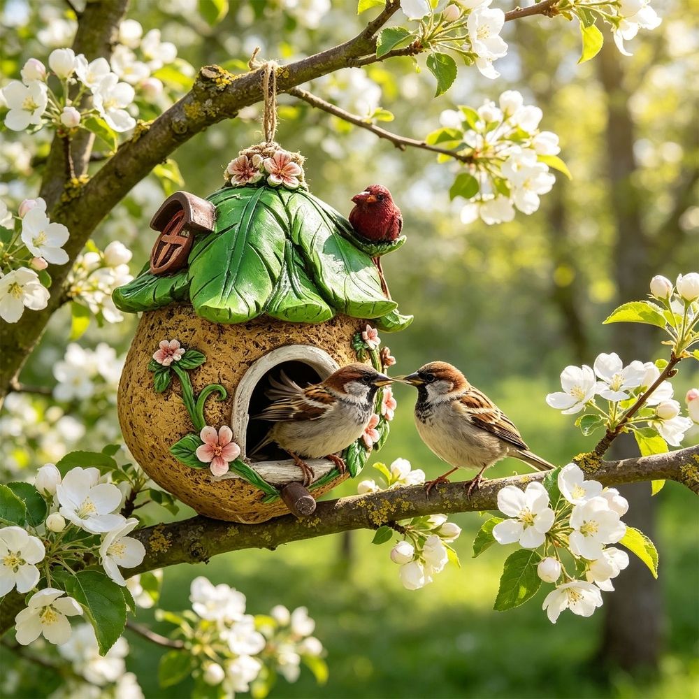 Hanging Bird House for Outdoor Garden Yard, Resin Bird Shelter for Wrens Sparrows Goldfinches, Decorative Wren Bird Home for Patio Tree Fence, 4 Season Small Bird Bed with Stainless Steel, Green
