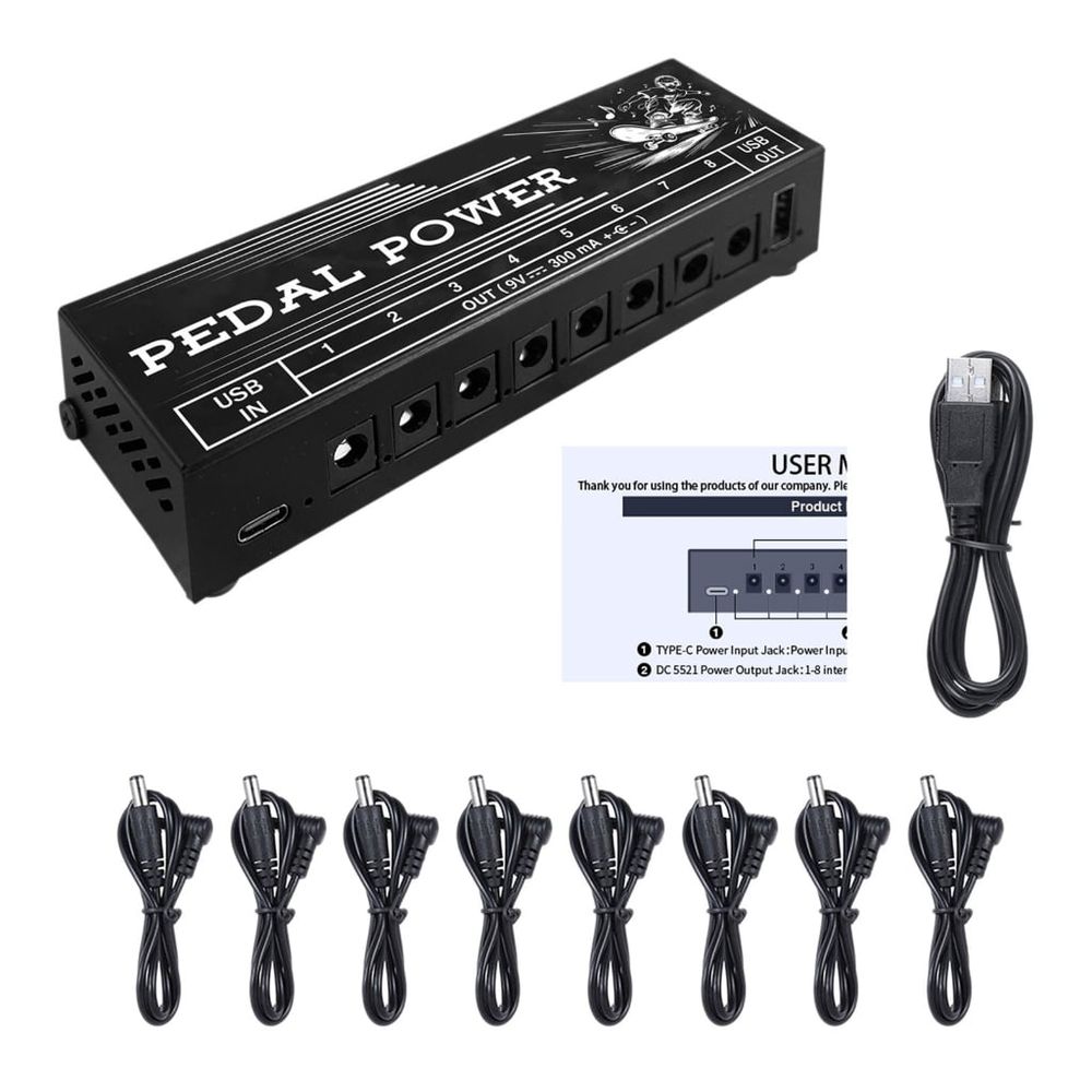8 Output Guitar Pedal Power Supply with Type C Input, Side USB Port and Metal Housing, Pedalboard Power Box for Practice and Recording Use