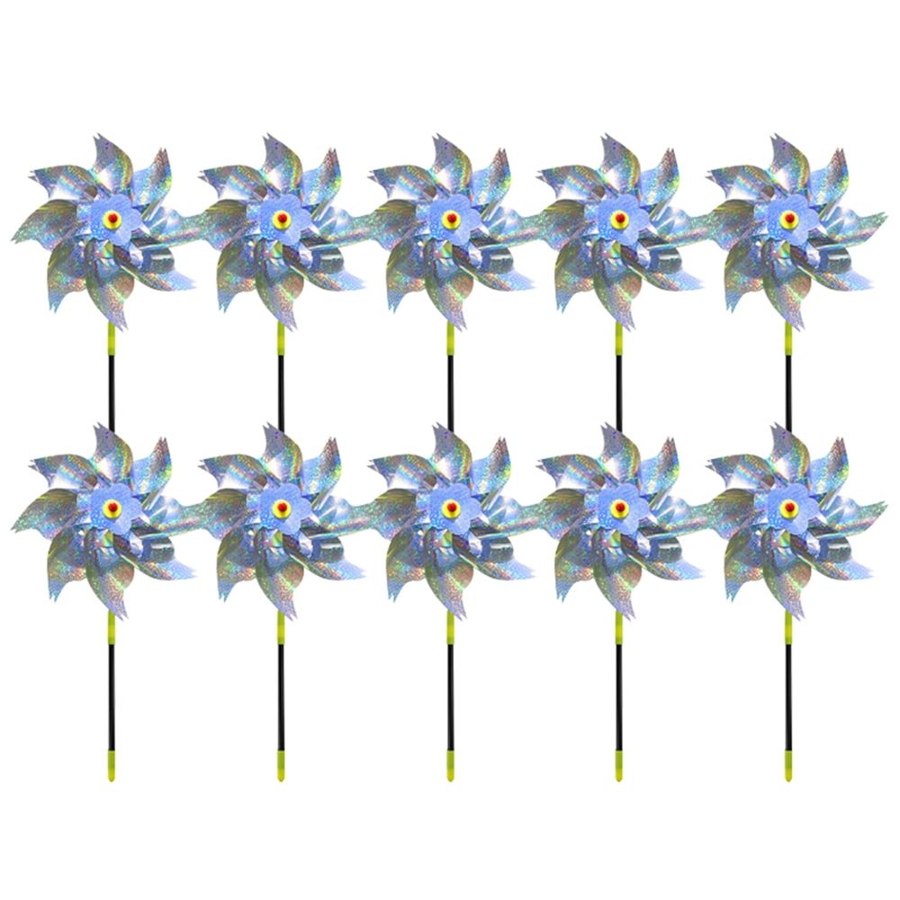 10-Pack Reflective Pinwheels for Garden and Orchard Bird Deterrent, 18.5 Inch Tall Octagonal Mylar Windmills for Balcony and Farm Outdoor Decor, Shiny Silver Finish