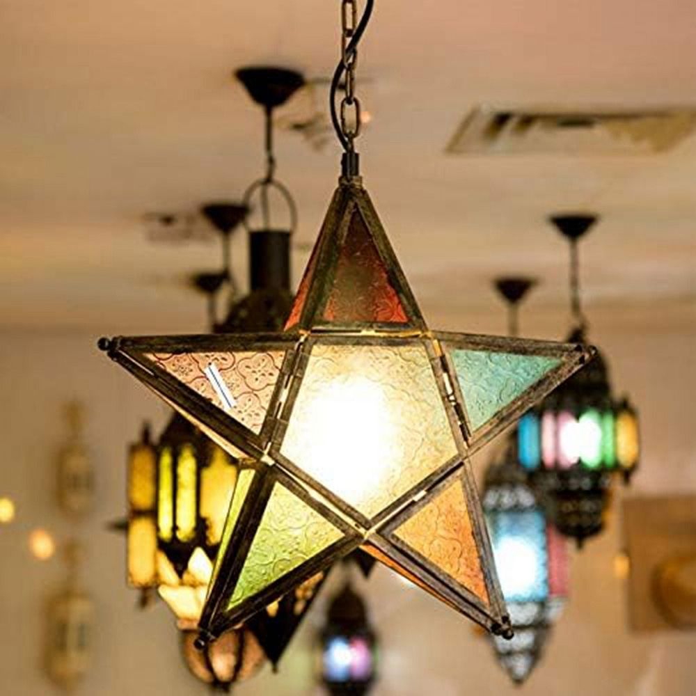 Hanging Candle Lantern,Moroccan Style Glass Five-Pointed Star Shaped Tealight-Holder for Wedding,Garden Y