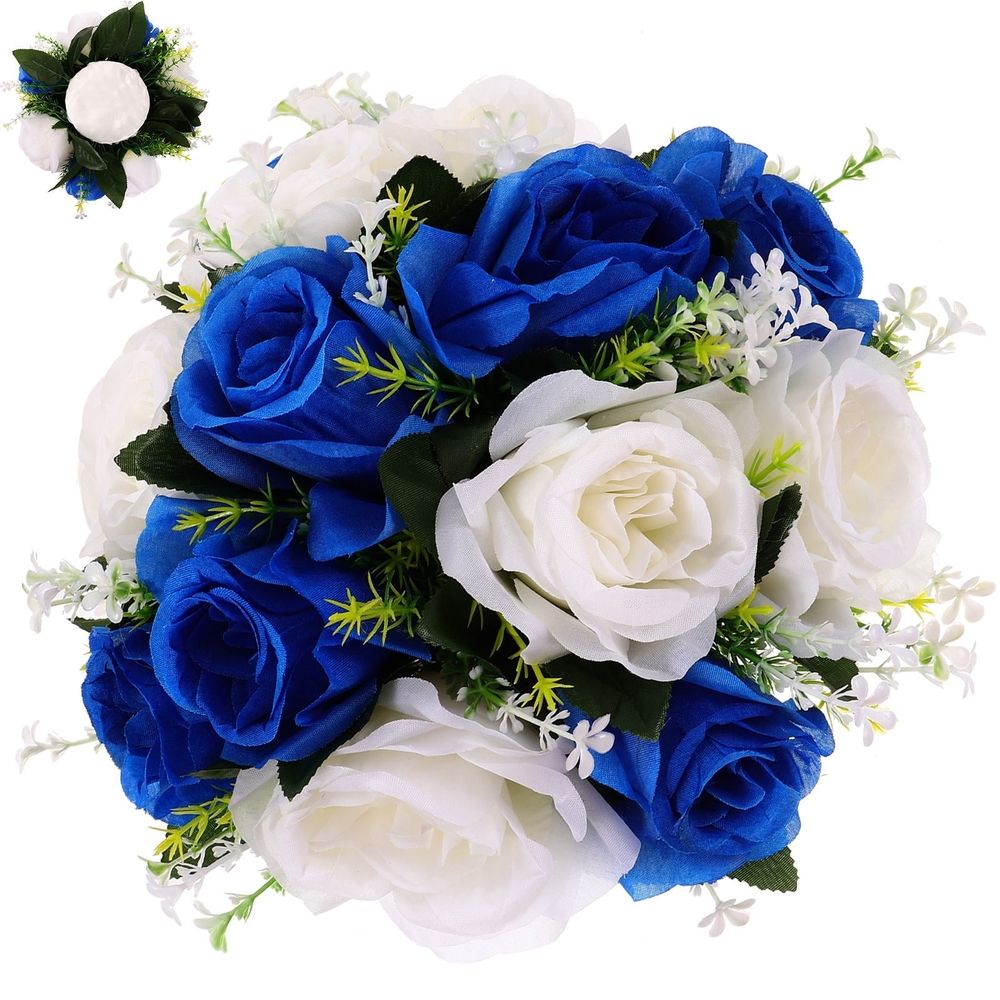 Simulation Flower Blue White PU Lace Satin Semi Spherical Wedding Table Centerpiece Romantic 1Set