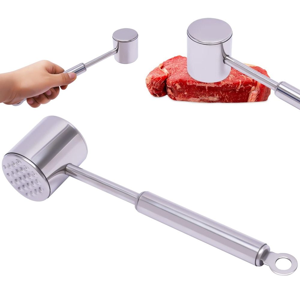 304 Stainless Steel Meat Mallet, Dual-Sided Meat Tenderizer Hammer with Hanging Hook for Steak, Beef & Chicken