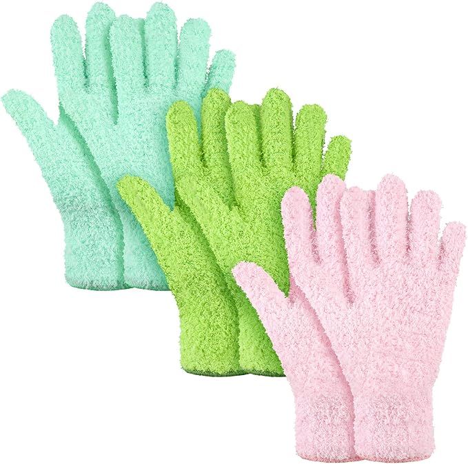 3 Pairs Microfiber Plant Dusting Gloves Leaf Cleaning Gloves for Indoor Plants, Blinds, Furniture, House (Small,Green Yellow, Water Blue, Pink)