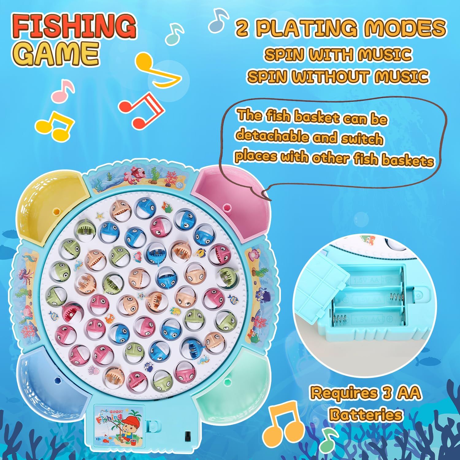 Magnetic Fishing Game Toys, Rotating Board Game with Music Including 45 Fishes and 8 Fishing Poles, Party Game Toys for Kids Age