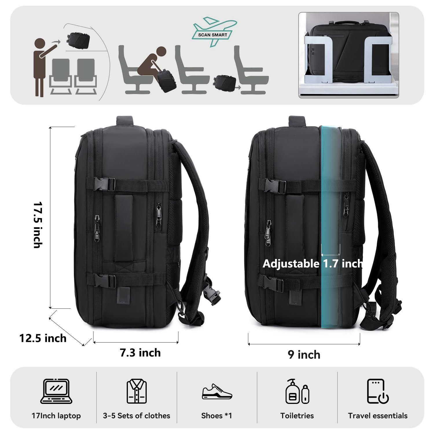 Carry on Travel Backpack for Men Women, Extra Large 40L Flight Approved Expandable Suitcase With USB/Type-C Charging Port,Black