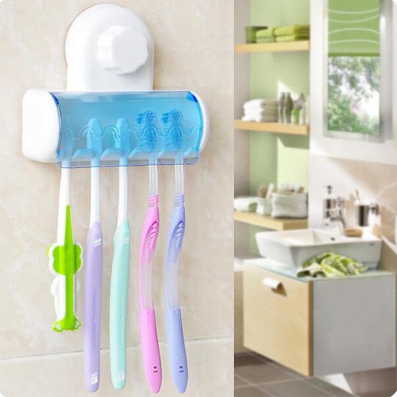 Self Adhesive Toothbrush Holder with Cover for Bathroom, 5-Slot Wall Mounted Toothbrush Organizer Rack for Shower, Dorm, Cabinet