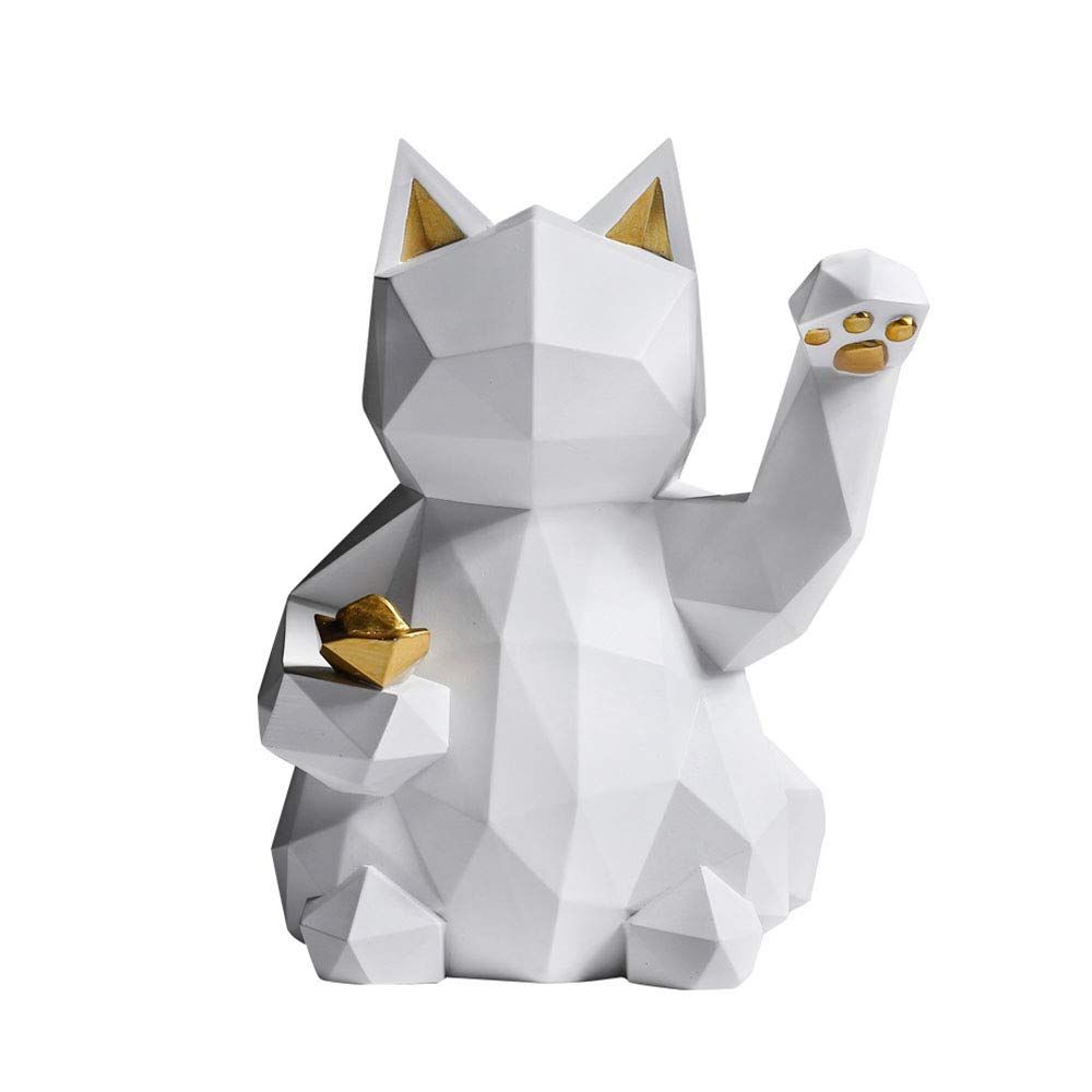 Geometric Lucky Cat Statue Collectible Figurine Feng Shui Successful Career Fortune Charm Good Health Decor,White,S