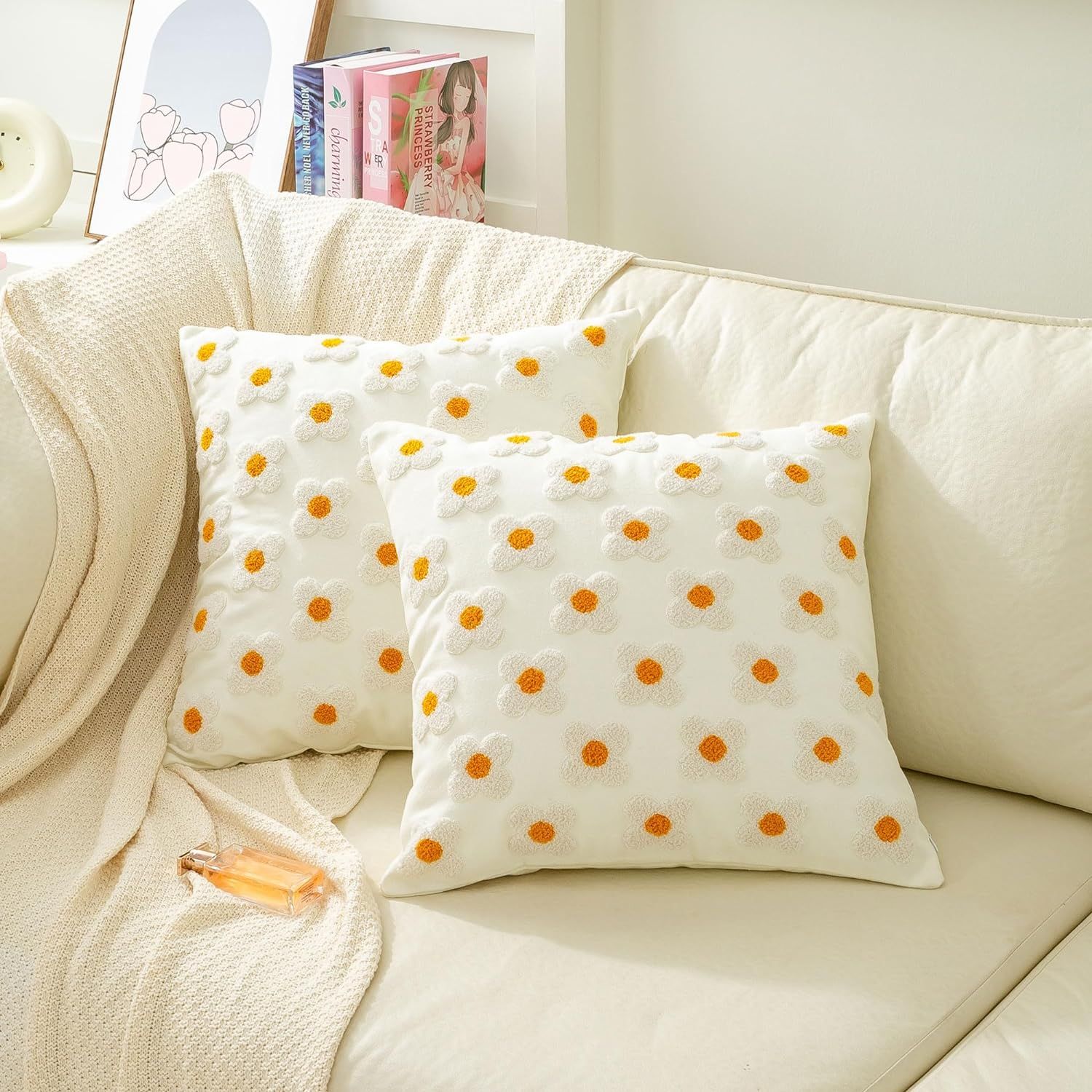 Throw Pillow Covers Sun Flower Jacquard Pillowcase Cushion Case Square for Couch Sofa Bed Living Room Set of 2, 18x18 Inch