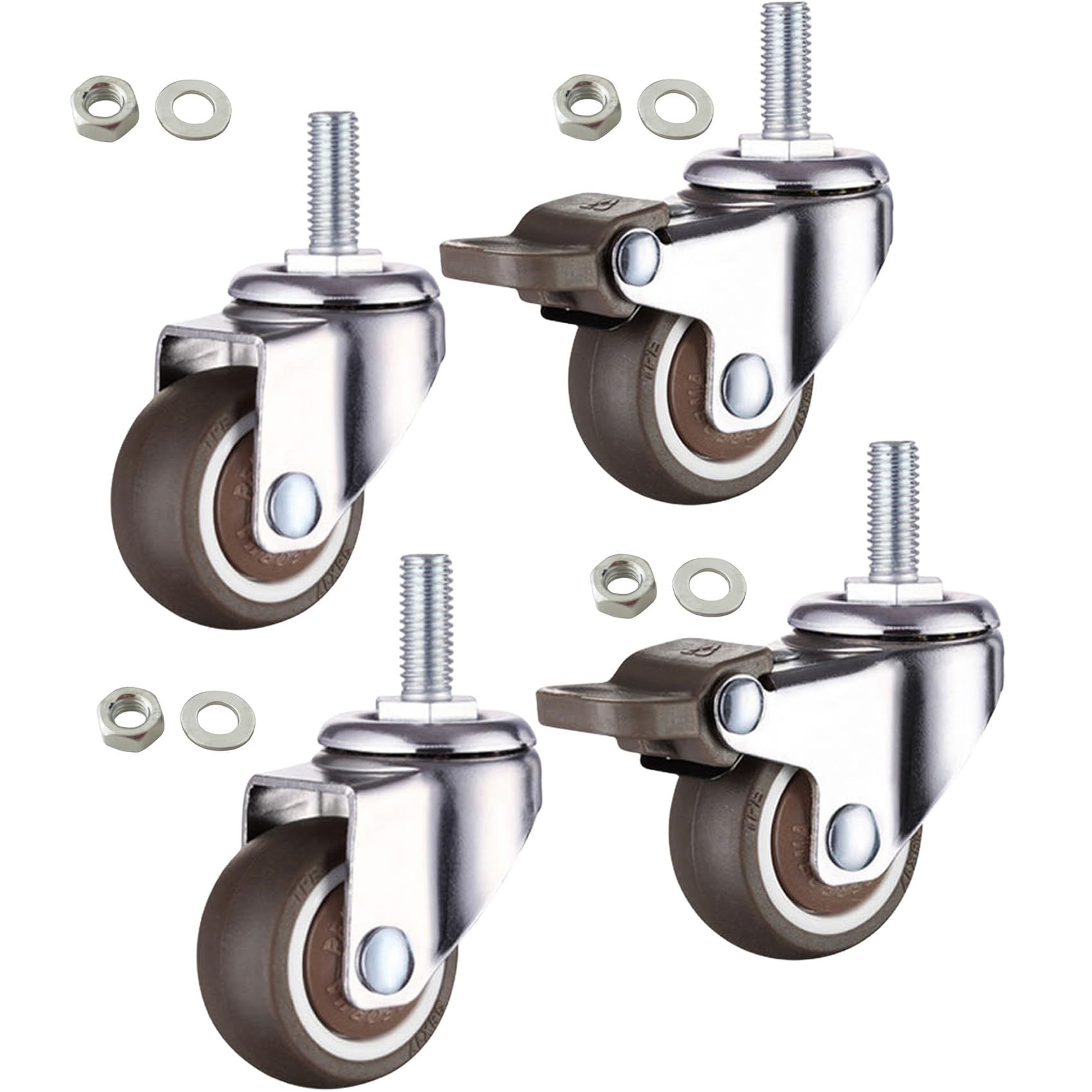 1.5 Inch Shopping Cart Wheel Trolley Swivel Caster Wheels Soft Rubber TPE M8x Threaded Stem Caster Wheel (2 with Brakes),Set of 4