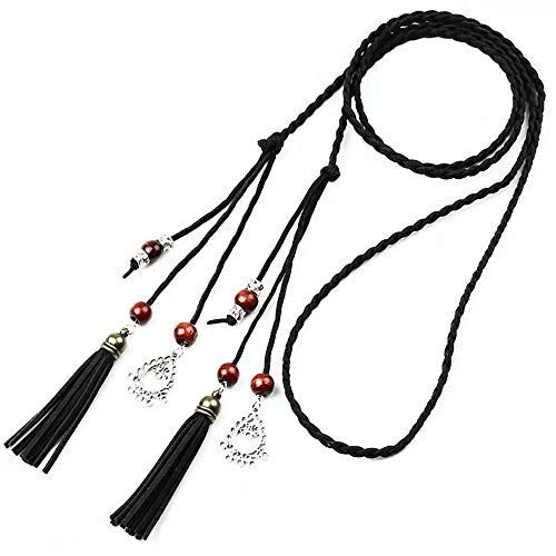 Exotic Women Waist Belt/Rope/Chain with Tassel and Beads Boho Wrap Skinny Belt for Skirt Dress Stretchy leather