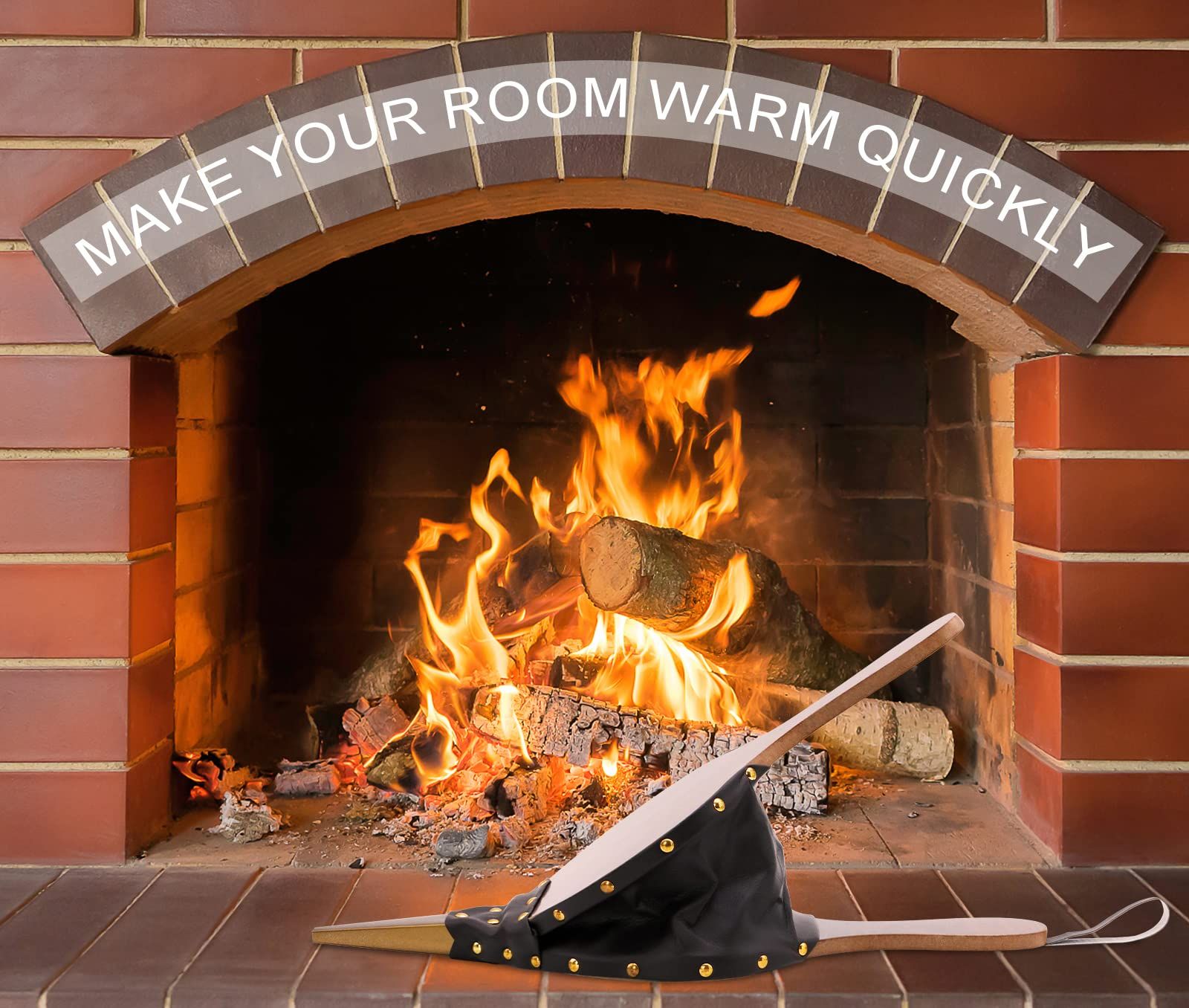Wood Fireplace Bellows with Hanging Leather Strap, Brown Air Bellower for Outdoor BBQ and Camping 1pcs
