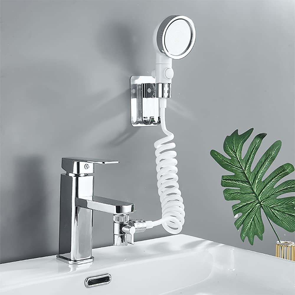 Generic Basin Handheld Shower Set, Sink Hose Faucet Sprayer Attachment, with Stop Water-saving Function , Chrome + White