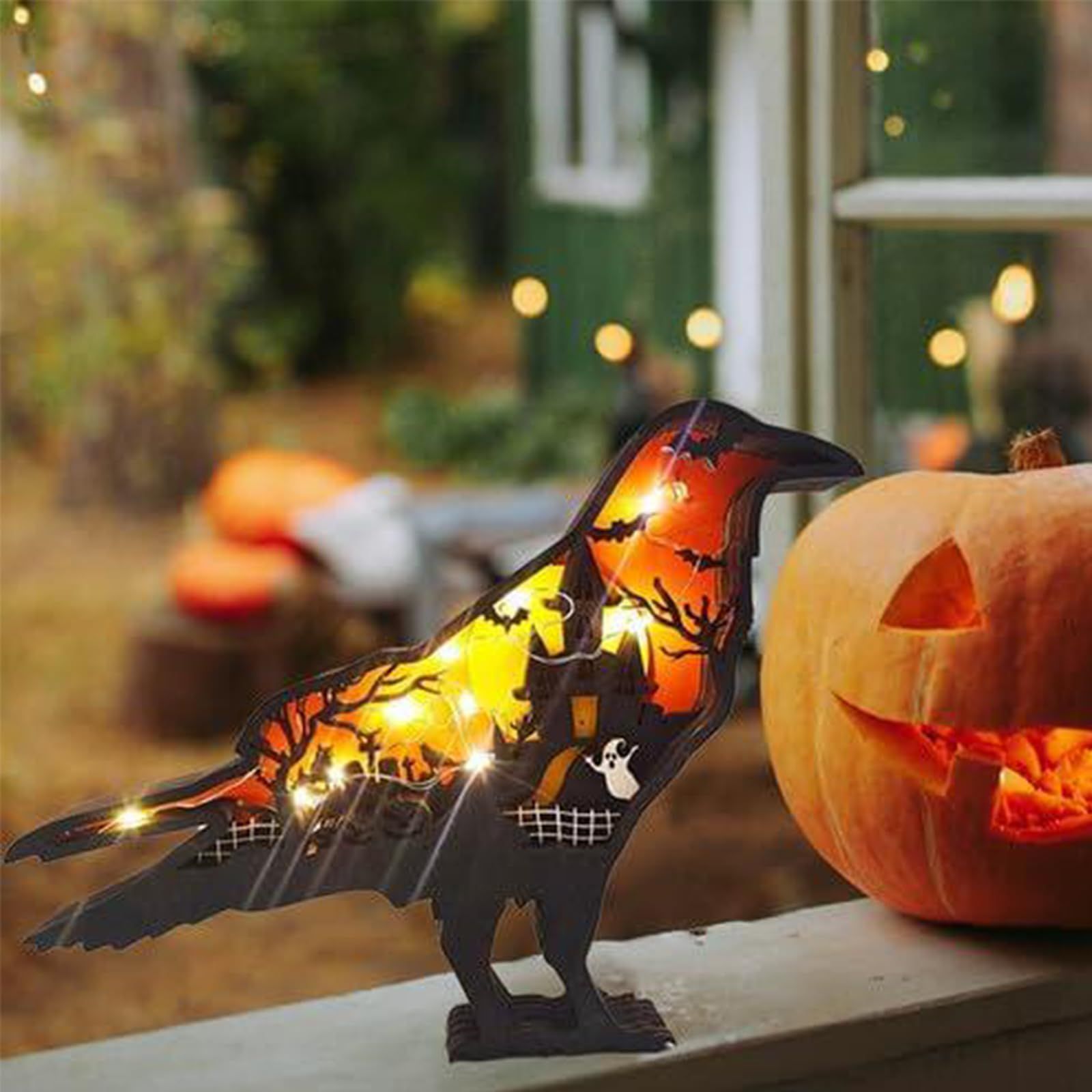 Halloween Wooden Pumpkin Crow Decoration with Light - Creative Decor for Spooky Halloween Party - Indoor Home (Halloween crow)