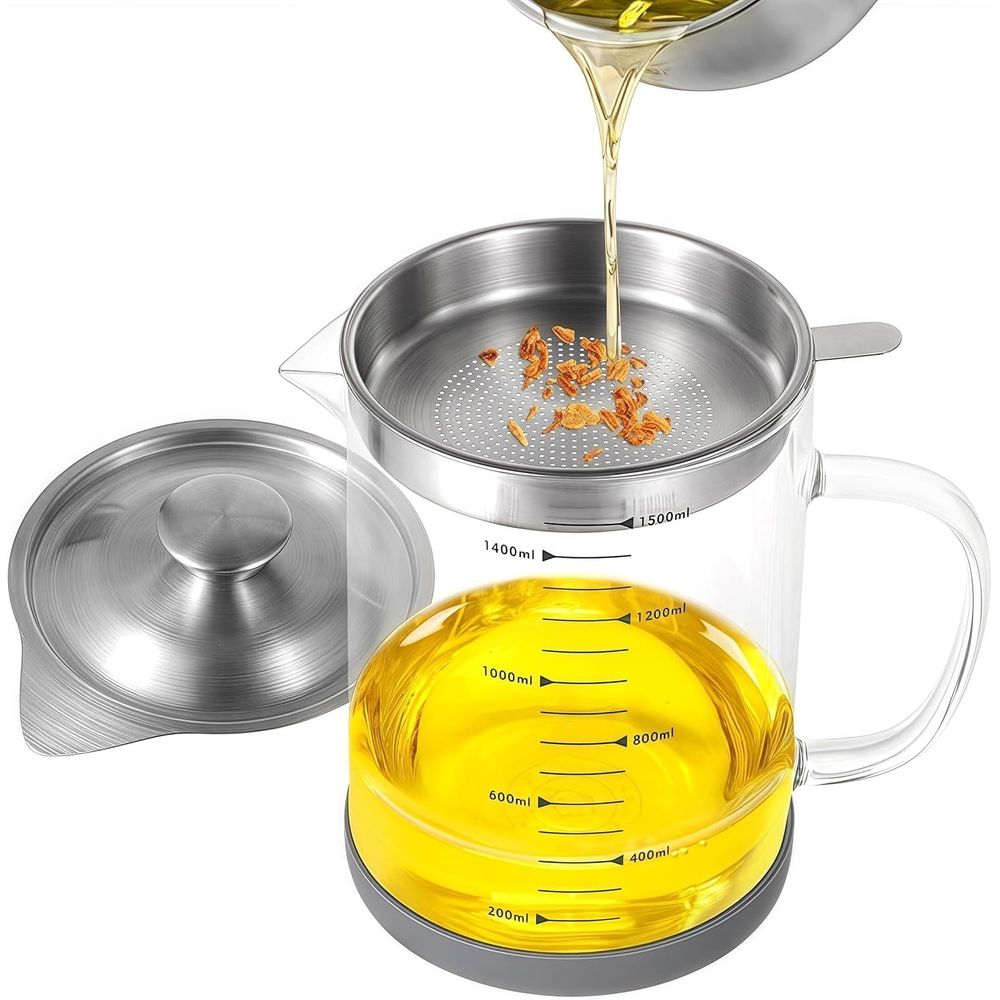1.5L Bacon Grease Container with Strainer, Borosilicate Glass Oil Saver Jar with Stainless Steel Filter, Non-Slip Base Airtight Lid for Kitchen, Cooking Oil Storage & Bacon Drippings Keeper (50oz)