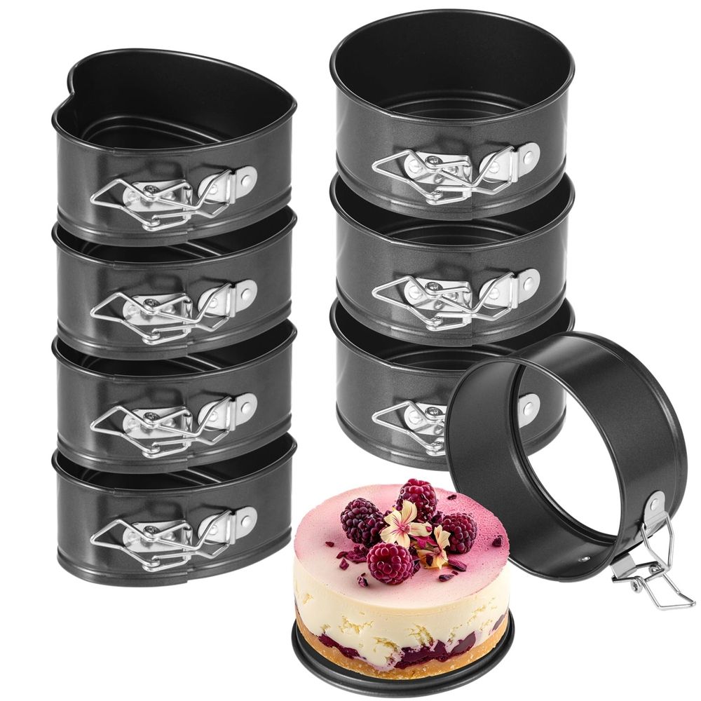 Small Cheesecake Pans, 8 Pcs Mini Springform Pans Set, 4 Inch Round and Heart Shaped Cake Molds, Non-Stick Carbon Steel, Removable Bottom