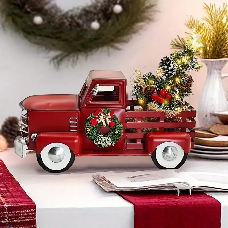 ✨ Vintage Red Christmas Truck Decoration | Warm White LED Lights, Star Tree Topper & Xmas Wreath | Battery Operated Table Centrepiece for Mantel, Entryway & Tree