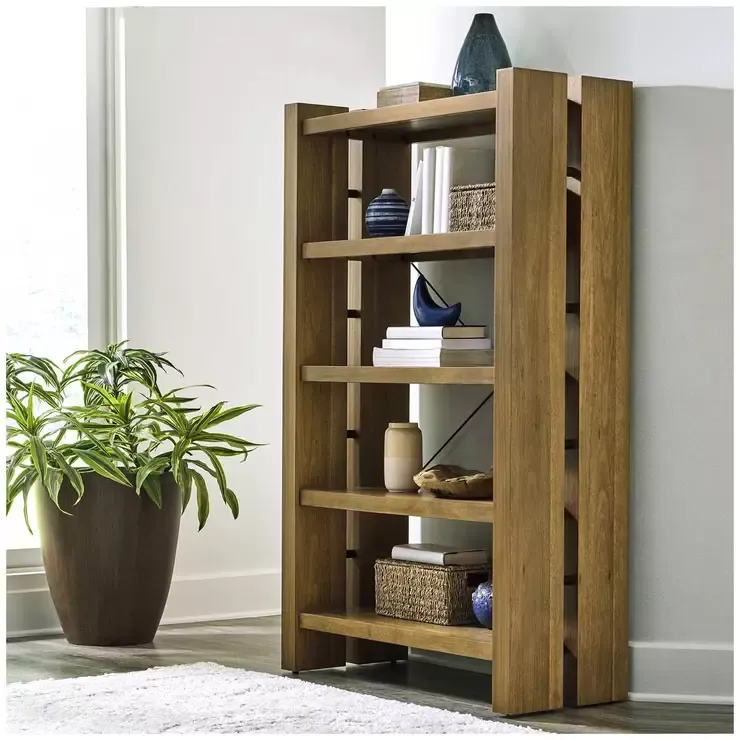 Adjustable Bookcase with Open Shelves, Rubberwood and Acacia Veneers, Indoor Use