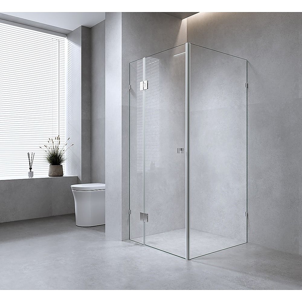 100x100cm Corner Frameless Shower Screen with Gold F-Brackets and Brass Hinges, Square Knob Handle
